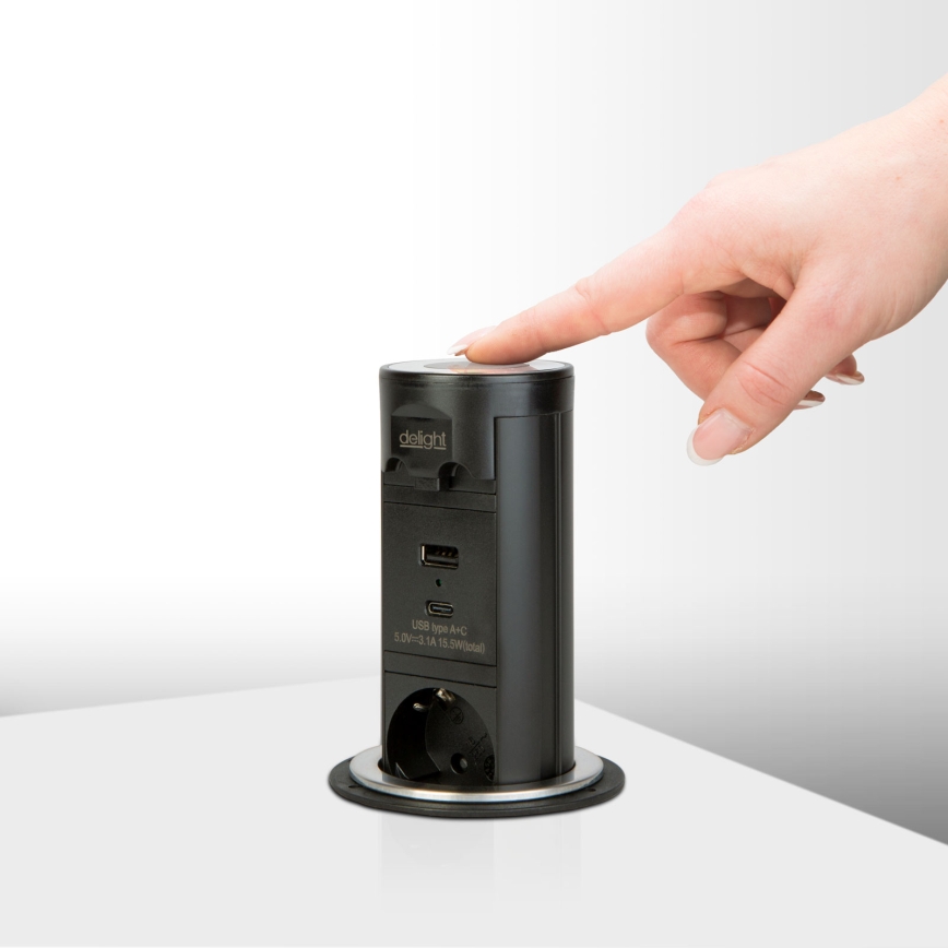 Lauaplaadi külge kinnitatav pistikupost 3x230V + USB-A + USB-C must