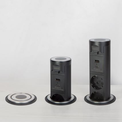 Lauaplaadi külge kinnitatav pistikupost 3x230V + USB-A + USB-C must