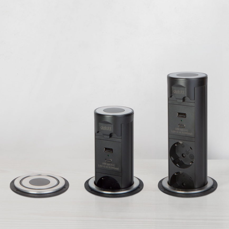 Lauaplaadi külge kinnitatav pistikupost 3x230V + USB-A + USB-C must