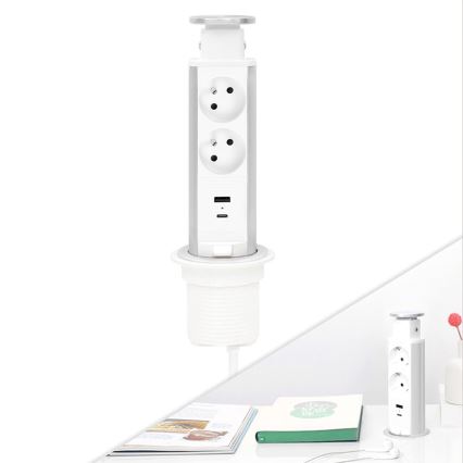 Lauaplaadile kinnitatav pistikupesade sammas 2x230V + USB-A + USB-C