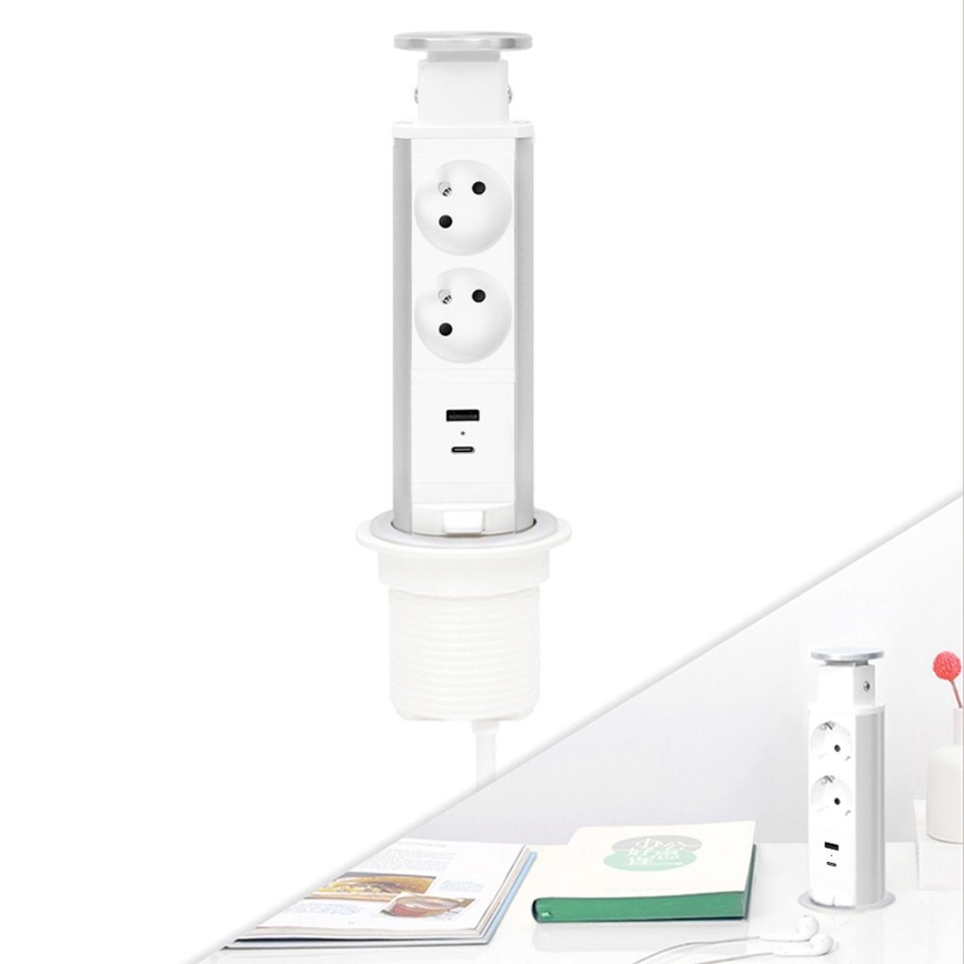 Lauaplaadile kinnitatav pistikupesade sammas 2x230V + USB-A + USB-C
