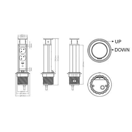Lauaplaadile kinnitatav pistikupesade sammas 2x230V + USB-A + USB-C