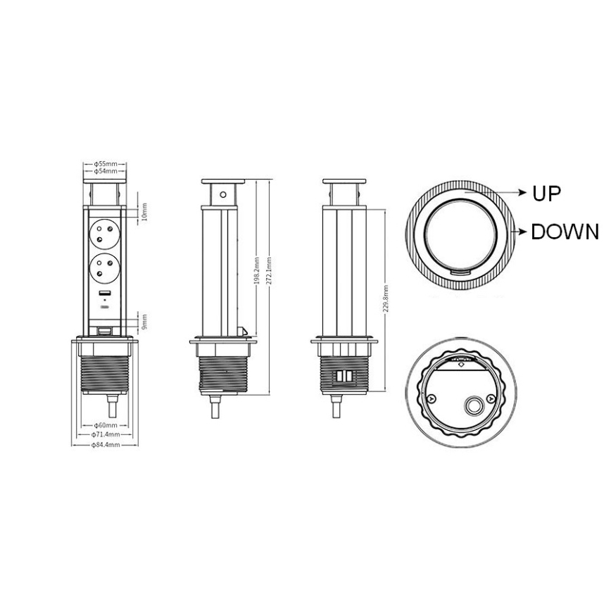 Lauaplaadile kinnitatav pistikupesade sammas 2x230V + USB-A + USB-C