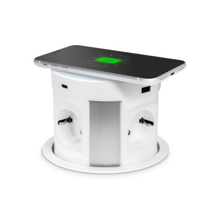 Lauaplaadi jaoks mõeldud pistikupost juhtmevaba laadimisega 4x230V + 2xUSB-A + 2xUSB-C valge