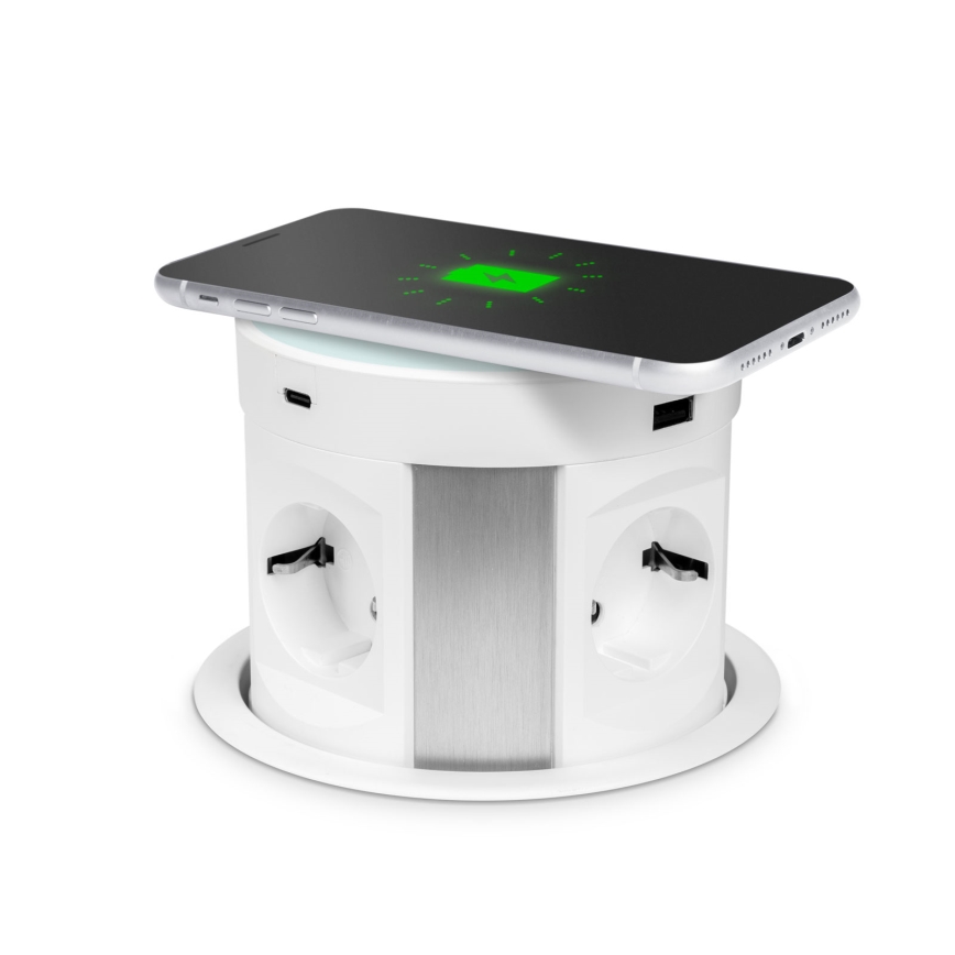 Lauaplaadi jaoks mõeldud pistikupost juhtmevaba laadimisega 4x230V + 2xUSB-A + 2xUSB-C valge