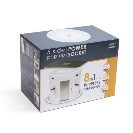 Lauaplaadi jaoks mõeldud pistikupost juhtmevaba laadimisega 4x230V + 2xUSB-A + 2xUSB-C valge