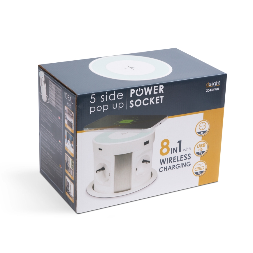 Lauaplaadi jaoks mõeldud pistikupost juhtmevaba laadimisega 4x230V + 2xUSB-A + 2xUSB-C valge