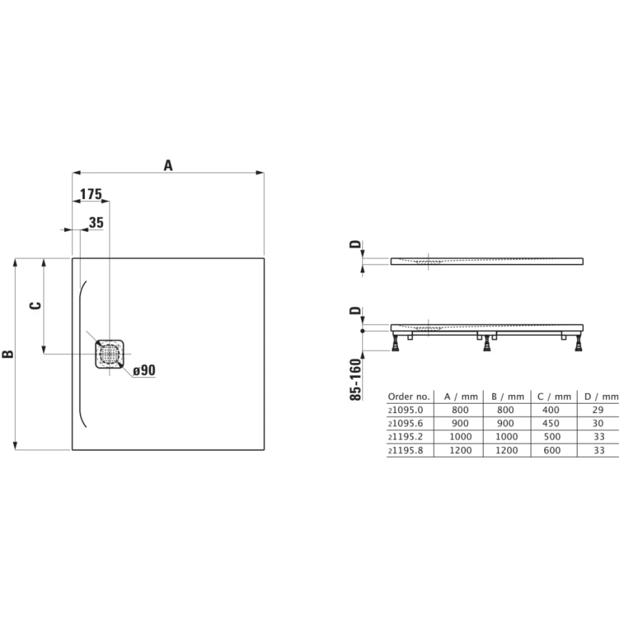 LAUFEN H2109560000001 - Ruudukujuline dušialus PRO 90x90 cm marbond/valge