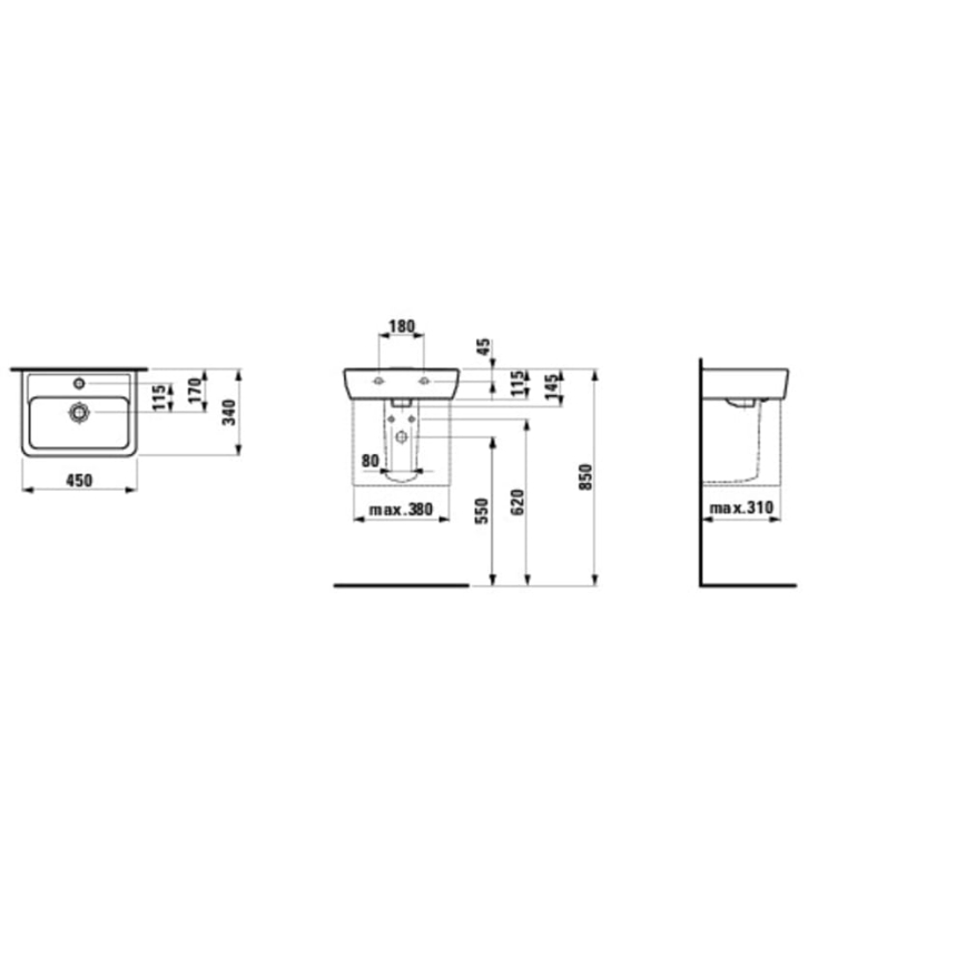 LAUFEN H8119510001041 - Kraanikauss töötasapinnale/seinale kinnitatav PRO 45x34 cm keraamika/valge