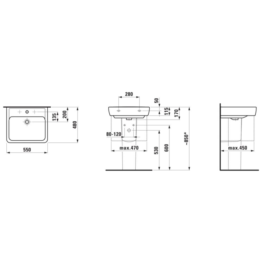 LAUFEN H8189510001041 - Kraanikauss töötasapinnale/seinale kinnitatav PRO 55x48 cm keraamika/valge