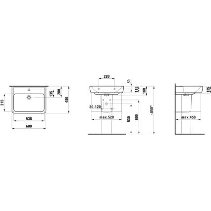 LAUFEN H8189520001041 - Kraanikauss töötasapinnale/seinale kinnitatav PRO 60x48 cm keraamika/valge