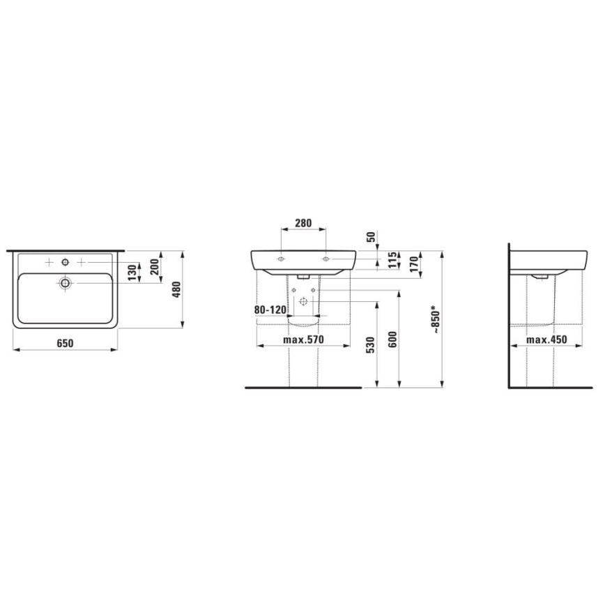 LAUFEN H8189530001041 - Kraanikauss töötasapinnale/seinale kinnitatav PRO 65x48 cm keraamika/valge