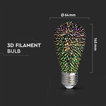 LED 3D Dekoratiivne pirn FILAMENT ST64 E27/3W/230V 3000K