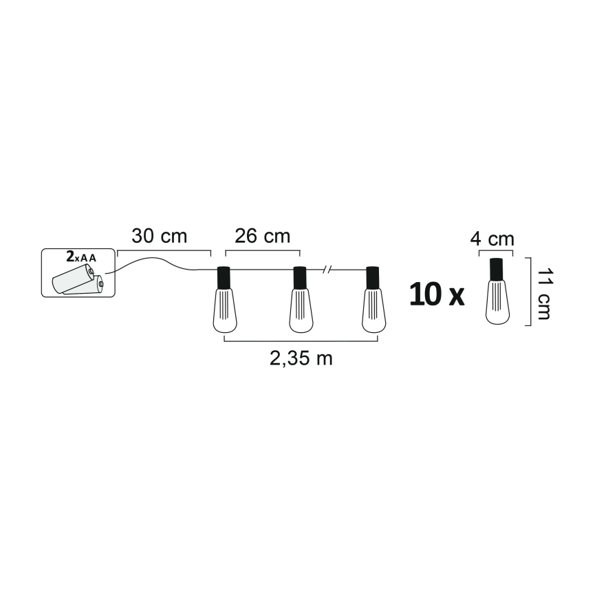 LED Dekoratiivne valguskett EDISON 2,65 m 10xLED/2xAA