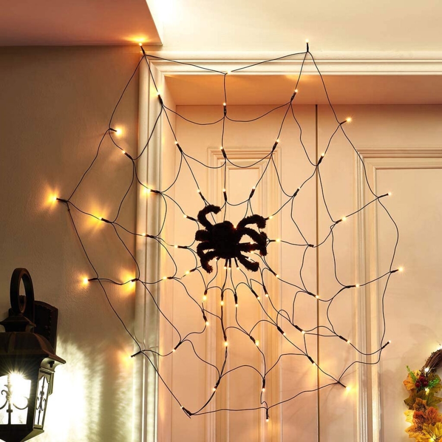 LED Dekoratiivne valguskett HALLOWEEN LED/5V/8 funktsiooni ämblikuvõrk + pult