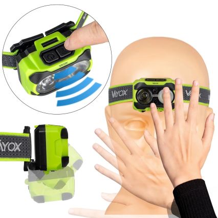 Hämardatav laetav LED-otsmiklamp anduriga ja punase valgusega LED/10W/5V/3xAAA IP44 600 lm 1200 mAh