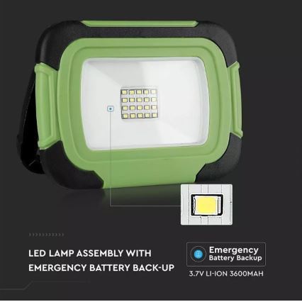 LED Hämardatav laetav prožektor SAMSUNG CHIP + funktsioon SOS LED/10W/3,7V/USB IP44 4000K 3600 mAh roheline