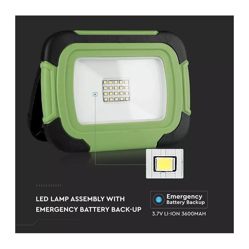 LED Hämardatav laetav prožektor SAMSUNG CHIP + funktsioon SOS LED/10W/3,7V/USB IP44 4000K 3600 mAh roheline