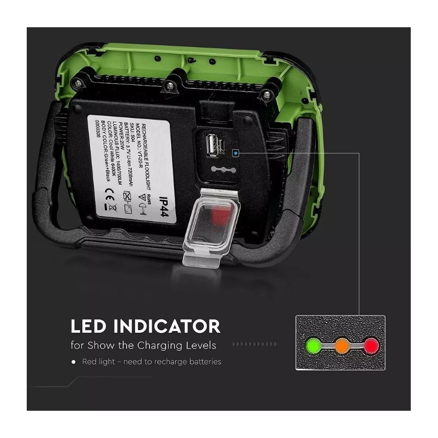 LED Hämardatav laetav prožektor SAMSUNG CHIP + funktsioon SOS LED/10W/3,7V/USB IP44 4000K 3600 mAh roheline