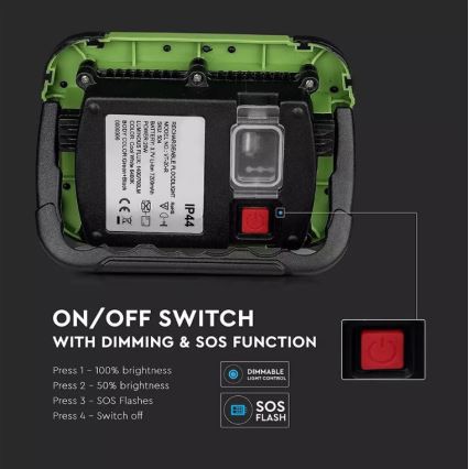 LED Hämardatav laetav prožektor SAMSUNG CHIP + funktsioon SOS LED/10W/3,7V/USB IP44 4000K 3600 mAh roheline