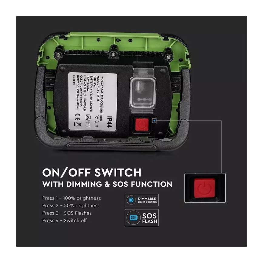 LED Hämardatav laetav prožektor SAMSUNG CHIP + funktsioon SOS LED/10W/3,7V/USB IP44 4000K 3600 mAh roheline