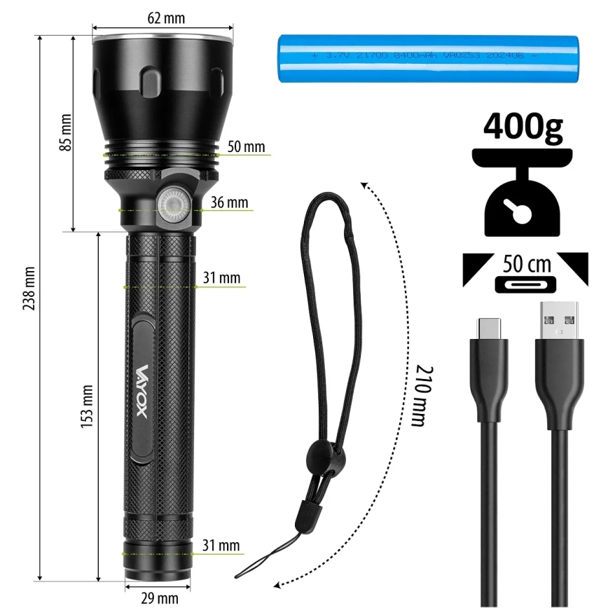 LED Hämardatav laetav taskulamp LED/20W/5V IPX5 1570 läikiv 8400 mAh