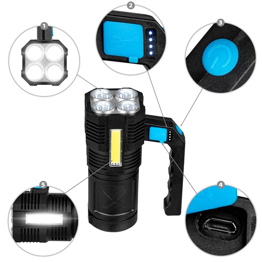 LED Hämardatav laetav taskulamp LED/5V IPX4 250 läikiv 1200 mAh