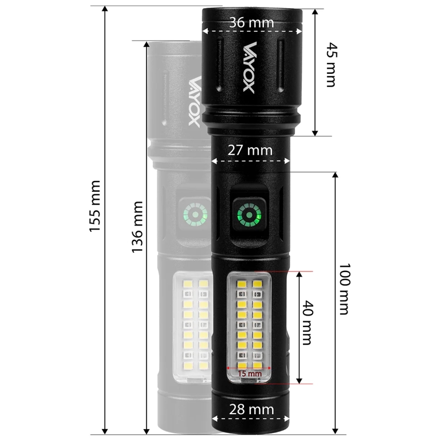 LED Hämardatav laetav taskulamp koos punase tulega LED/5W/5V IPX4 260 läikiv 2000 mAh