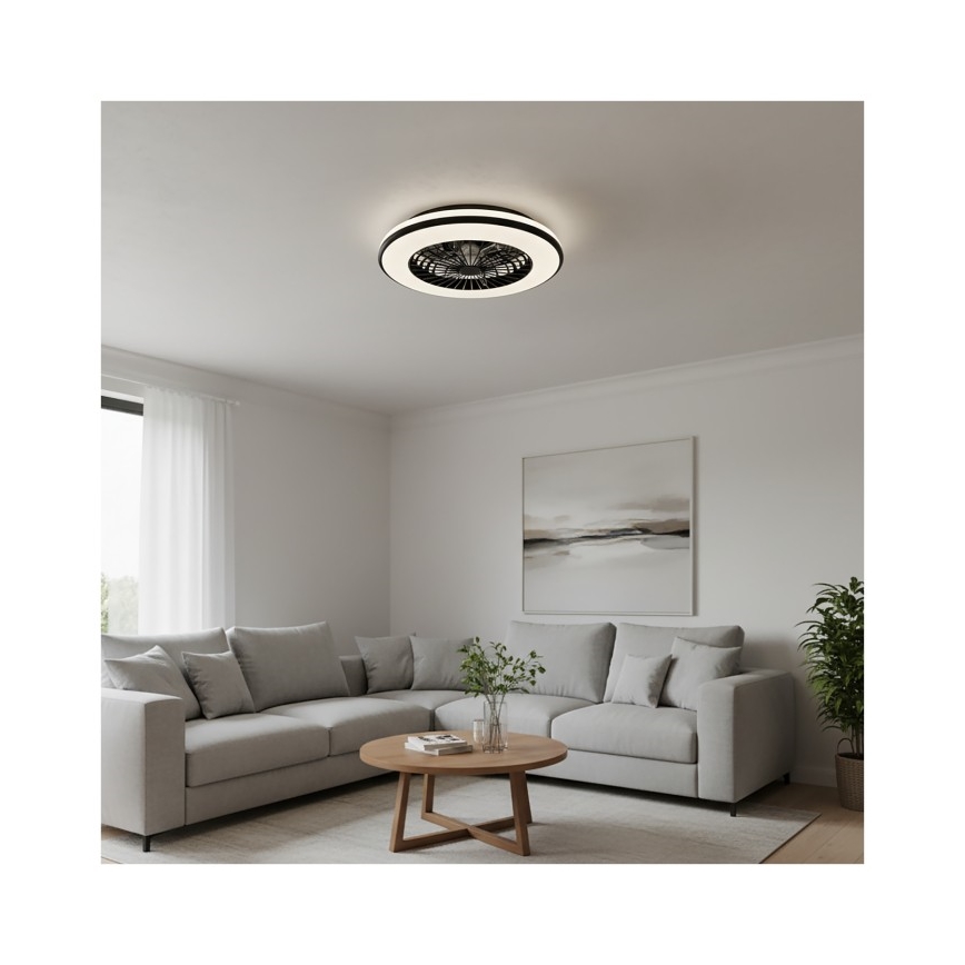 Hämardatav LED-laevalgusti ventilaatoriga VENTELUX LED/48W/230V 3000/4000/6500K läbimõõt 48,5 cm must + kaugjuhtimispult