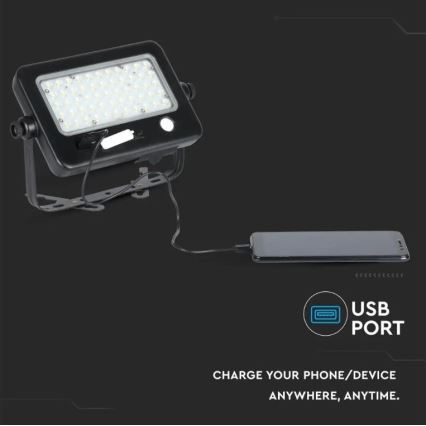LED Hämardatav päikesepaneeliga prožektor anduriga LED/10W/3,7V 4000K IP65 7200 mAh + USB pesa
