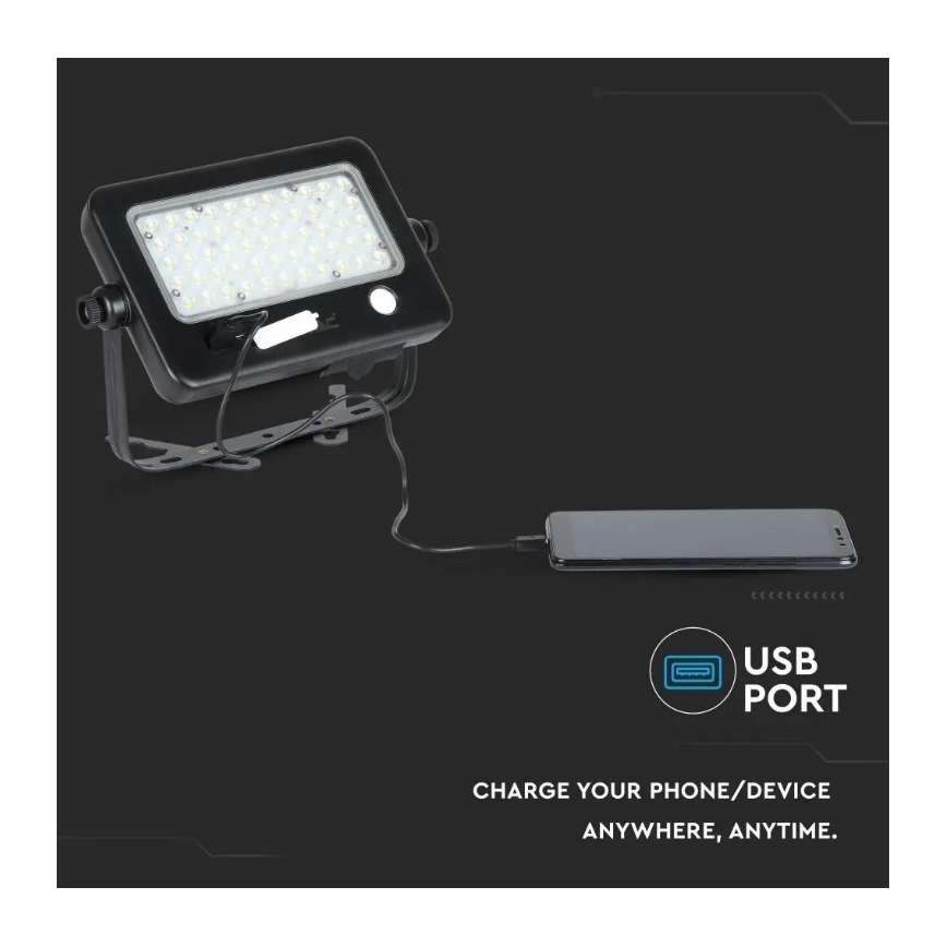 LED Hämardatav päikesepaneeliga prožektor anduriga LED/10W/3,7V 4000K IP65 7200 mAh + USB pesa