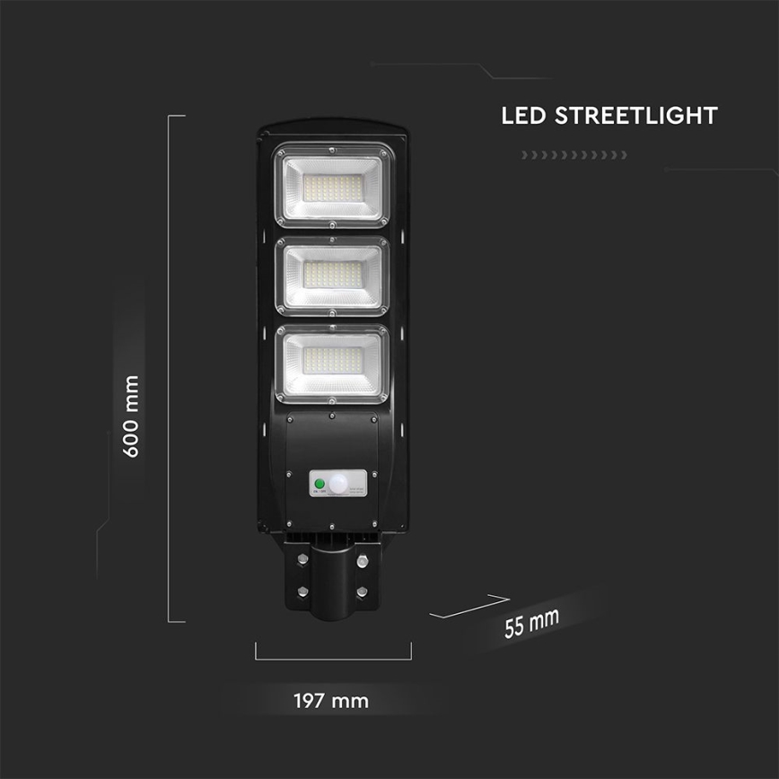 LED Hämardatav päikesepaneeliga tänavalamp koos liikumis- ja hämardusanduriga LED/12W/3,2V 6000K IP65 10000 mAh must + kaugjuhtimispult