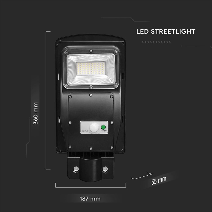 LED Hämardatav päikesepaneeliga tänavalamp koos liikumis- ja hämardusanduriga LED/6W/3,2V 6000K IP65 5000 mAh must + kaugjuhtimispult