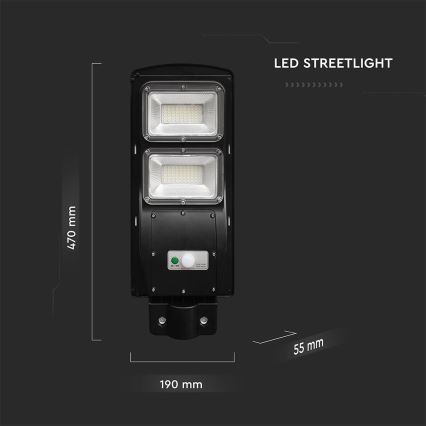 LED Hämardatav päikesepaneeliga tänavalamp koos liikumis- ja hämardusanduriga LED/8W/3,2V 6000K IP65 9000 mAh must + kaugjuhtimispult