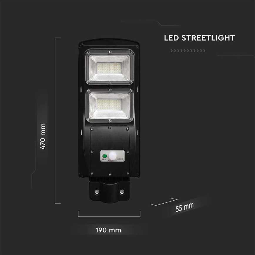 LED Hämardatav päikesepaneeliga tänavalamp koos liikumis- ja hämardusanduriga LED/8W/3,2V 6000K IP65 9000 mAh must + kaugjuhtimispult