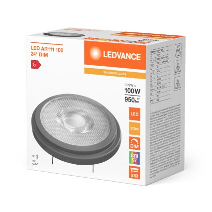 LED hämardatav pirn AR111 G53/13,5W/12V 2700K 24° CRI 97 - Ledvance