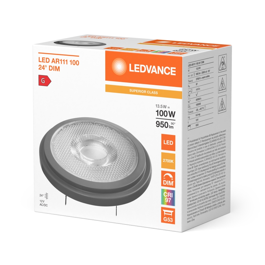LED hämardatav pirn AR111 G53/13,5W/12V 2700K 24° CRI 97 - Ledvance