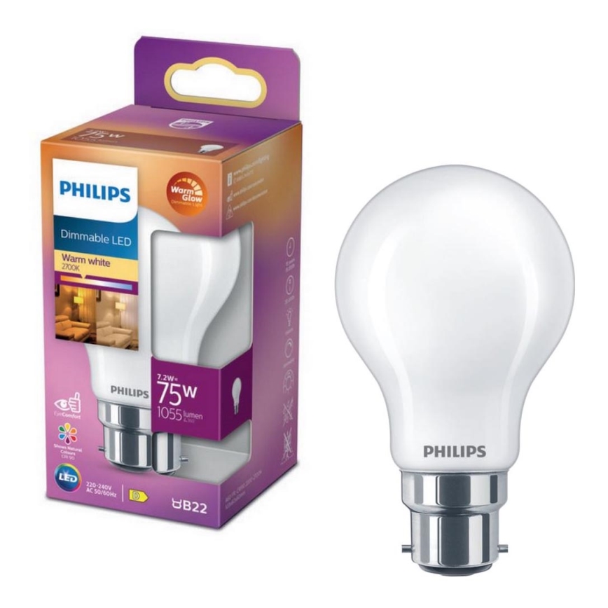 LED Hämardatav pirn Philips Warm Glow A60 B22/7,2W/230V 2200-2700K CRI 90