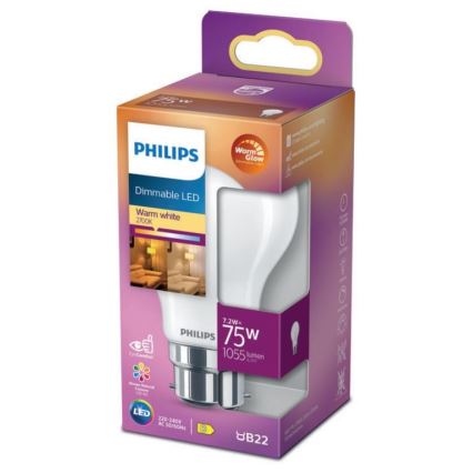 LED Hämardatav pirn Philips Warm Glow A60 B22/7,2W/230V 2200-2700K CRI 90