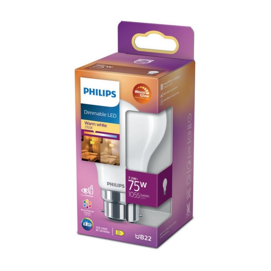 LED Hämardatav pirn Philips Warm Glow A60 B22/7,2W/230V 2200-2700K CRI 90