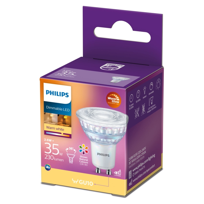 LED Hämardatav pirn Philips Warm Glow GU10/2,6W/230V 2200-2700K CRI 90