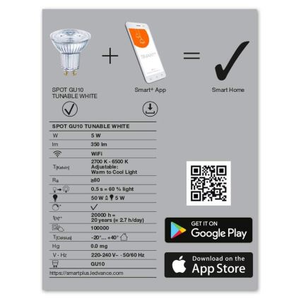 LED Hämardatav pirn SMART+ GU10/5W/230V 2,700K-6,500K Wi-Fi - Ledvance