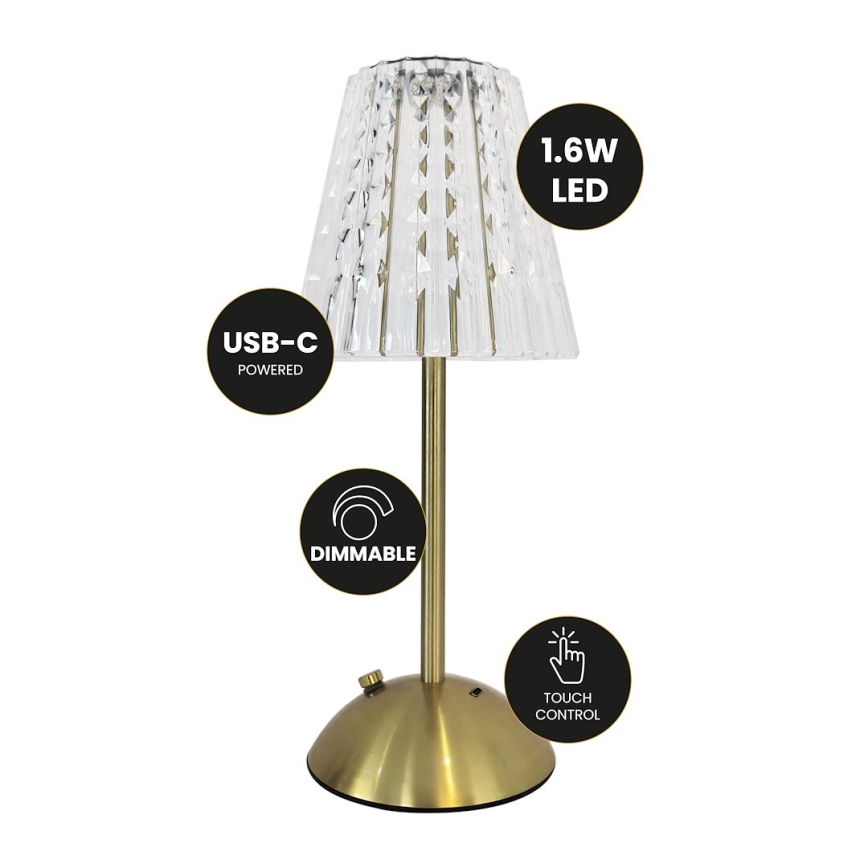 LED Hämardatav puutetundlik laetav laualamp ELBA LED/1,6W/800 mAh 3000/4000/6000K kuldne/läbipaistev
