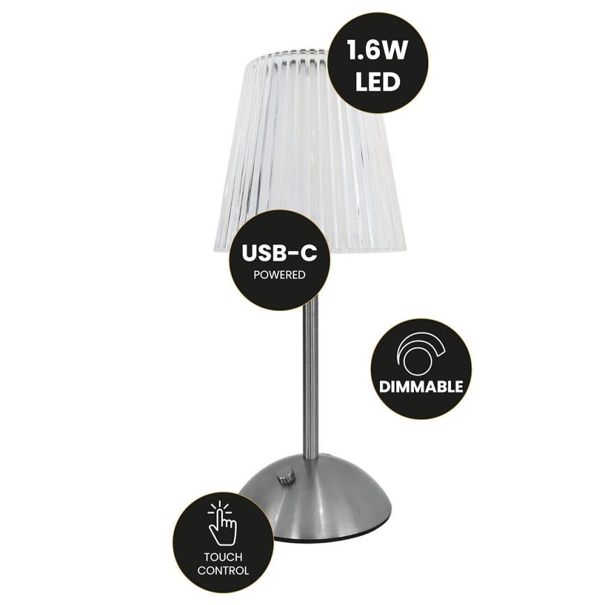 LED Hämardatav puutetundlik laetav laualamp ELBA LED/1,6W/800 mAh matt kroom/läbipaistev