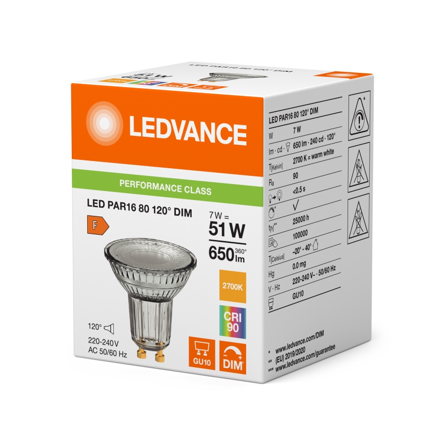 LED hämardatav reflektorlamp PAR16 GU10/7W/230V 2700K 120° CRI 90 - Ledvance