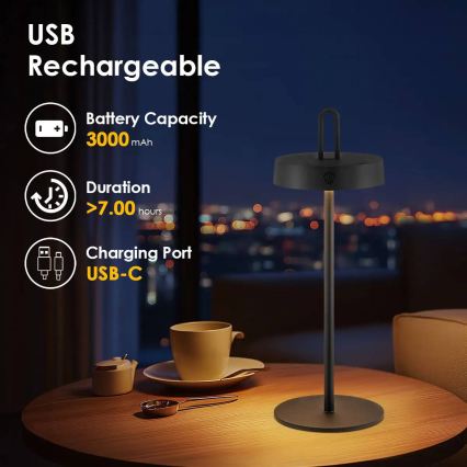 LED Hämardatav välistingimustes kasutatav laetav puutekontrolliga laualamp SHINE LED/1,5W/3,7V 3000 mAh IP44 must