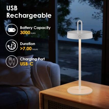 LED hämardatav välistingimustes kasutatav laetav puutetundlik laualamp SHINE LED/1,5W/3,7V 3000 mAh IP44 valge
