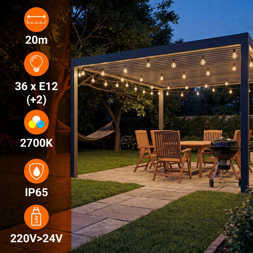 LED hämardatav väljas kasutatav dekoratiivne valguskett 36xE12/1W/24/230V 22,35 m IP65 must + kaugjuhtimispult