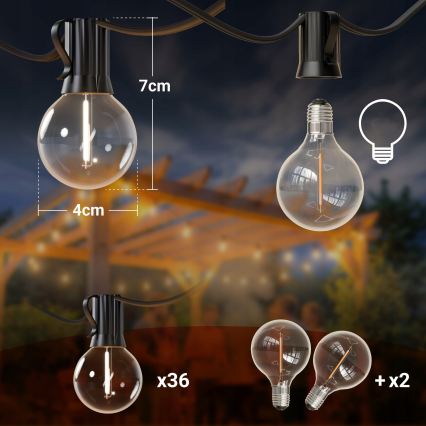 LED hämardatav väljas kasutatav dekoratiivne valguskett 36xE12/1W/24/230V 22,35 m IP65 must + kaugjuhtimispult