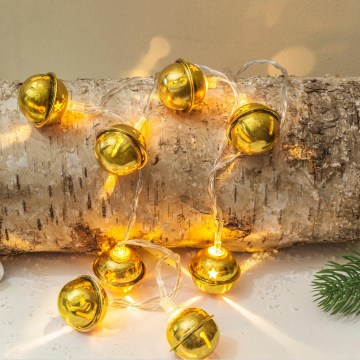 LED jõulukett, 10×LED, töötab 2×AA patareidega, soe valge, 1,8 m, kellukestega